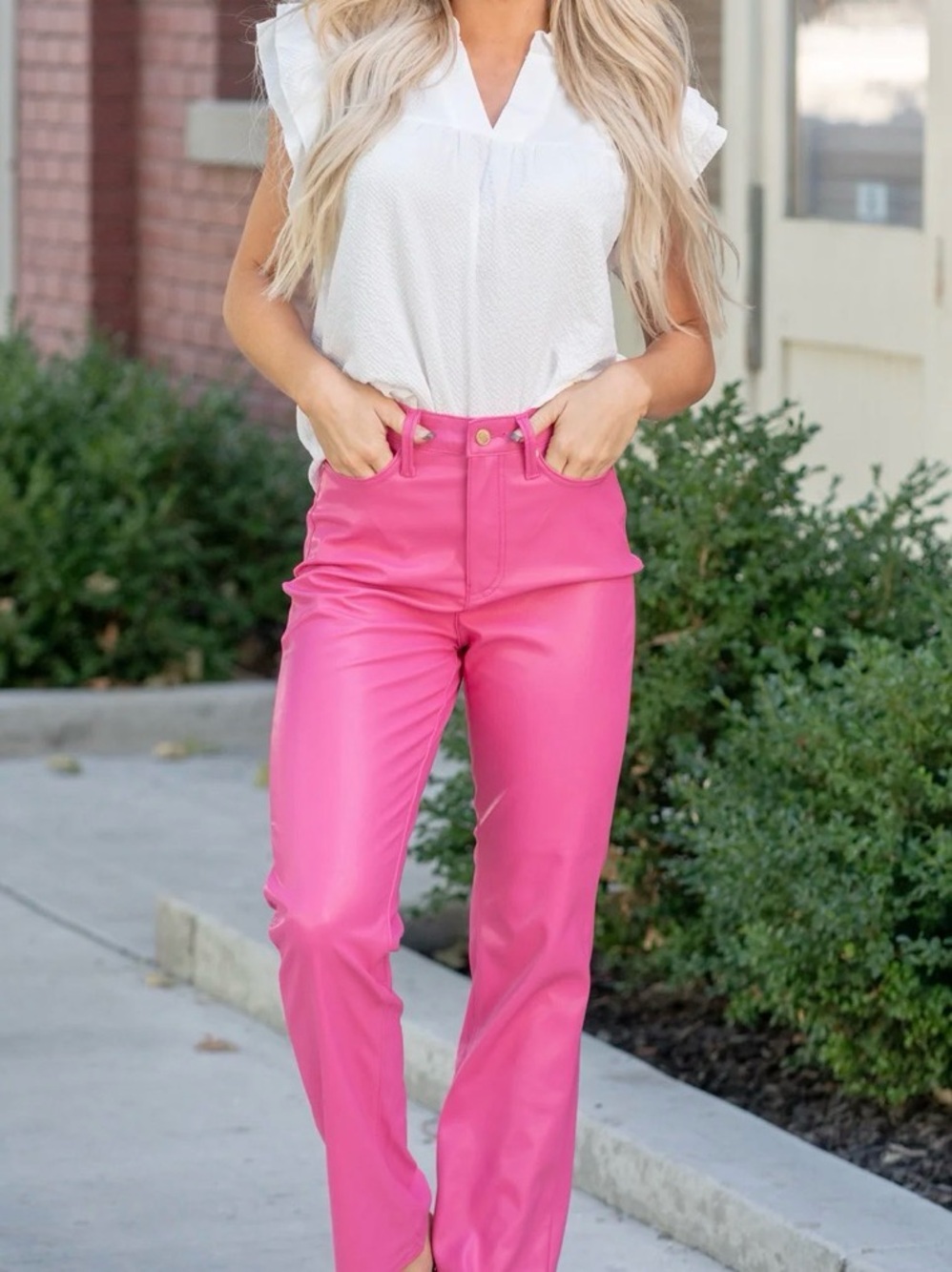 NWT Judy Blue 5/27 Hot Pink Faux Leather Tummy Control High Rise Straight Pants